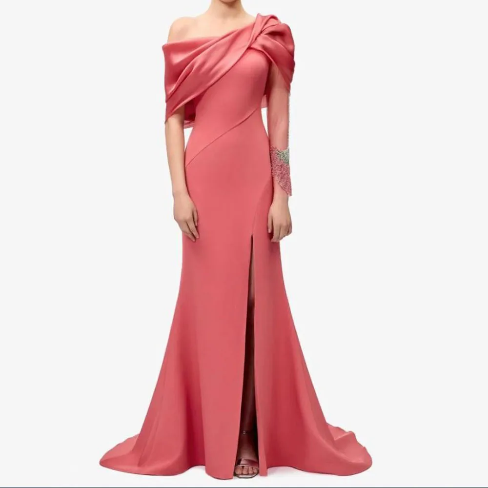 

Customized Single Sleeve Evening Dresses with Split Off the Shoulder Pleat Formal Evening Gown Coral Satin Wedding Party Dress