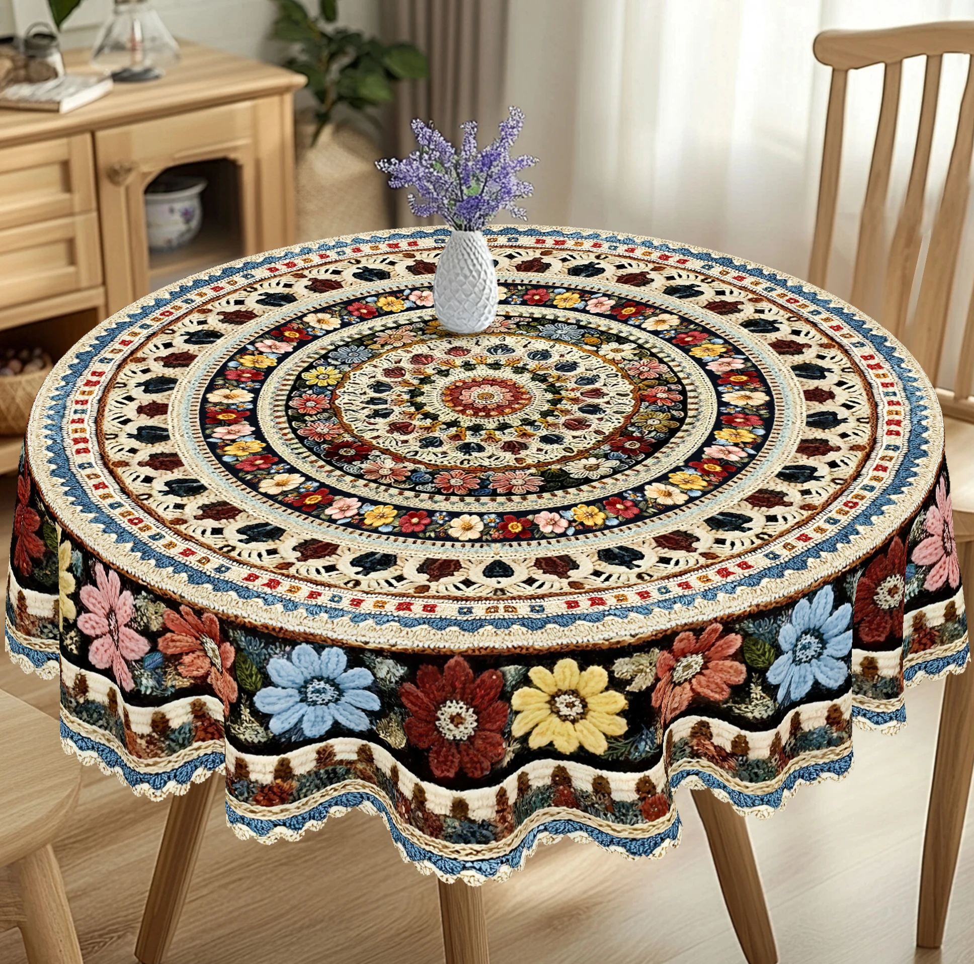 1 Stück bedruckte Tischdecke im Bohemian-Stil, rund und rechteckig, in verschiedenen Größen erhältlich, mit aufwendigen geometrischen Mustern und farbenfrohen Blumenmusterungen, die ineinander