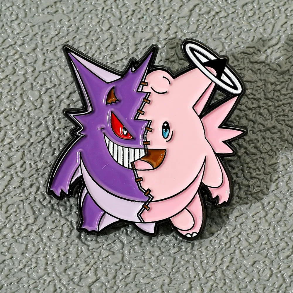 2025, Neuankömmling, Pokemon Gengar x Jigglypuff, halbe und halbe Emaille-Anstecknadel, niedlicher Anime-Charakter, Sammlerstück, Schmuck für Fans
