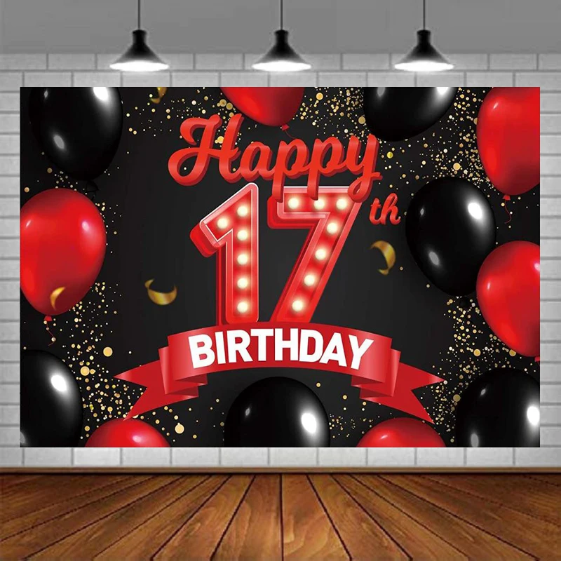 写真撮影の背景 Happy 17th Birthday 赤と黒のバナーバルーン装飾女の子プリンセス用品背景グリッターゴールド