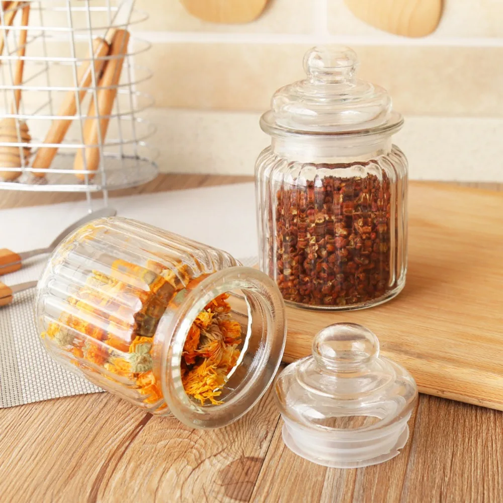 

Large Capacity Kitchen Glass Sealed Jar with Lid Vertical Striped Food Seasoning Jar Mutifunction Transparent Tea Storage Tank