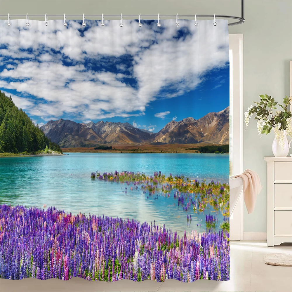 lavender scenery Print shower curtain natural Scenery bath curtain waterproof fabric bathroom curtain with Hook for home decor