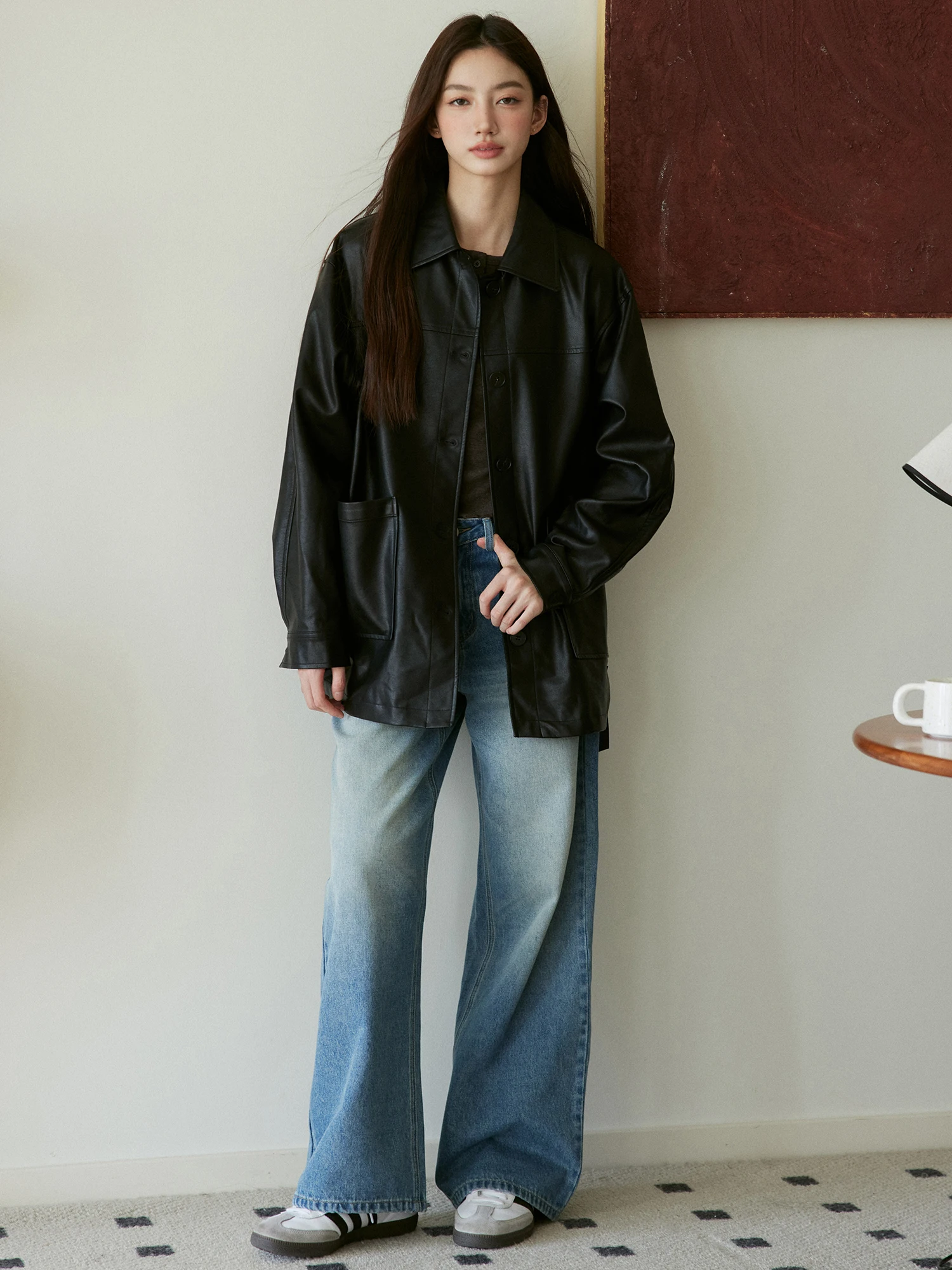 Retro high-end bla lederen jaet damesjas middellange turn-down kraag windjack bovenkleding van het merk RPB