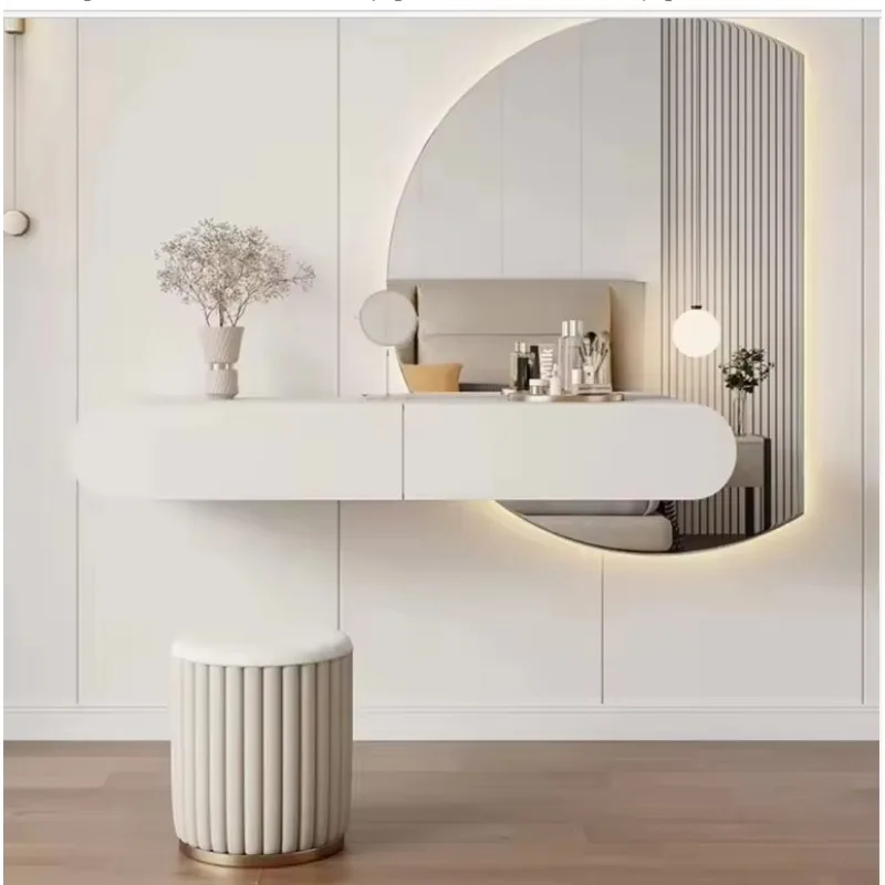 

Elegant art deco small dressing table design white wall-mounted floating wooden dressing table with mirror and drawers