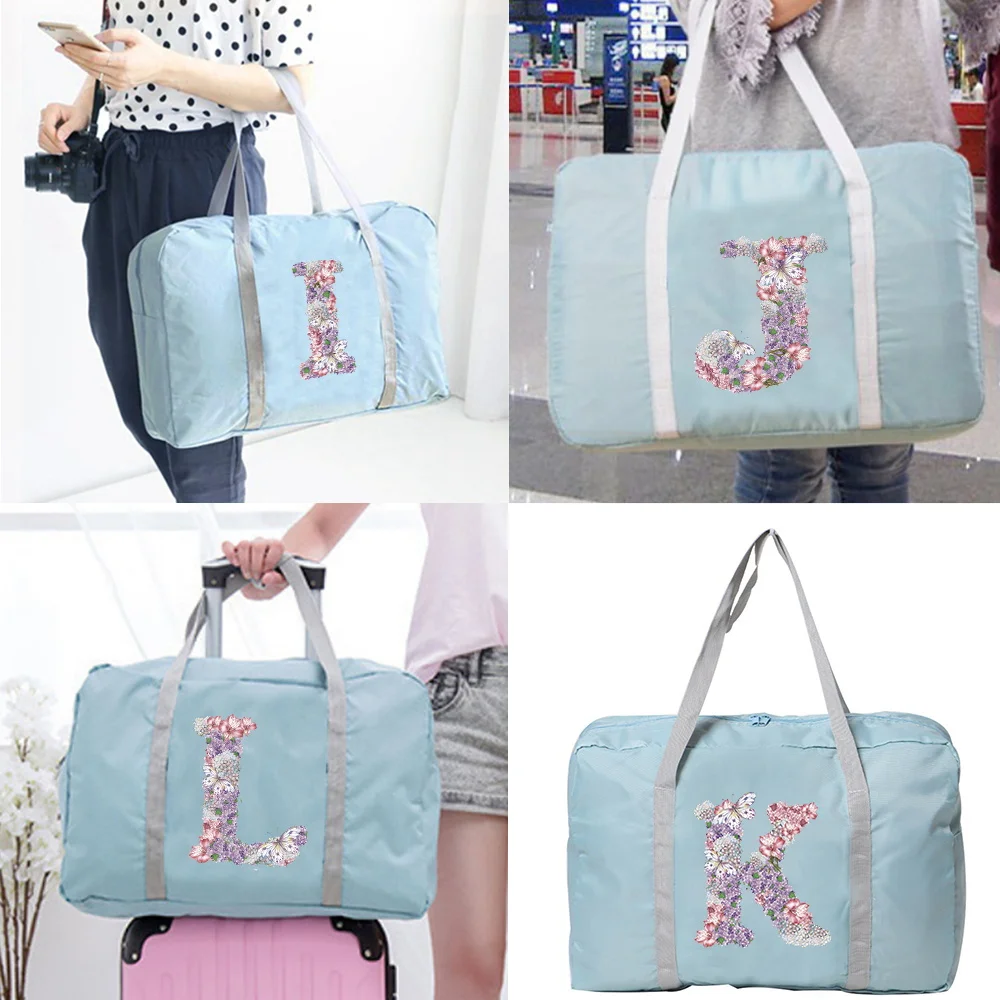 Portable Multi-function Portable Foldable Bag Ultra Light Rose Flower Letter Pattern Large Capacity Trolley Luggage Storage Bag