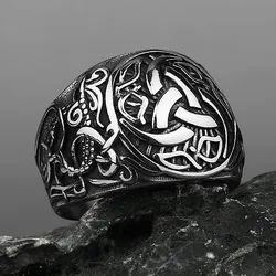 Viking Dragon Rune Stainless Steel Ring Men's Fashion Temperament Ring Biker Hip Hop Celtic Knot Amulet Jewelry Gift