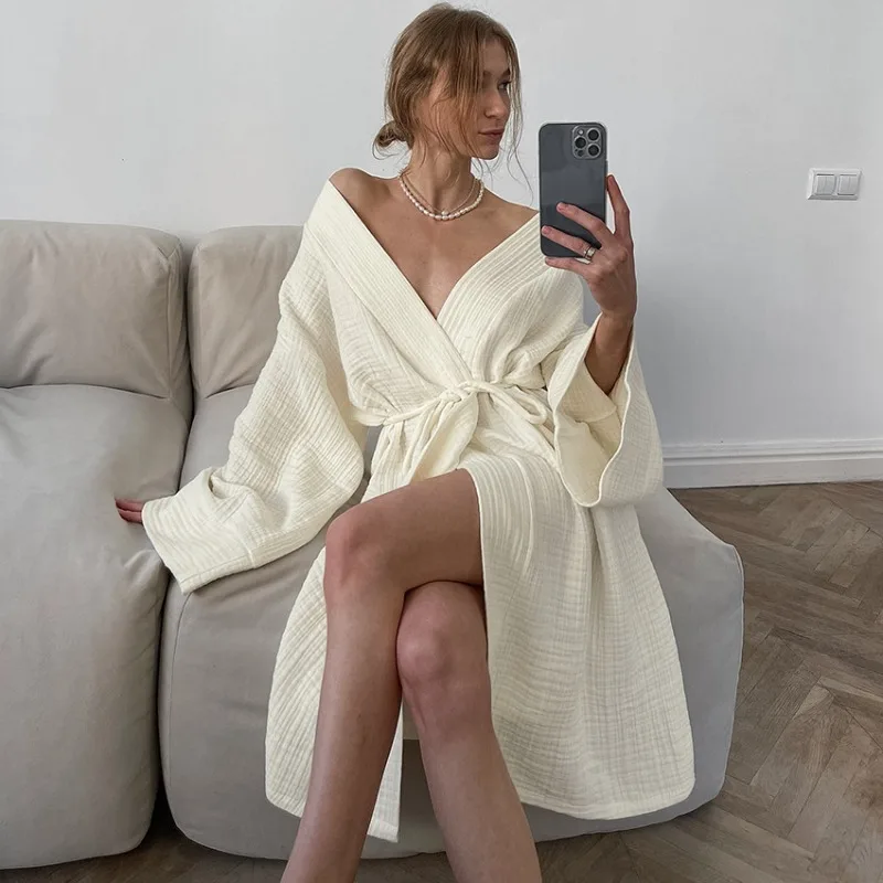 

Women's Autumn Lounge Wear Soft Breathable Pure Cotton Nightgown Comfortable Bathrobe Silk Pajamas European American Style L