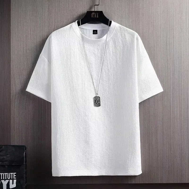 

Linen short-sleeved men's summer new t-shirt cotton and linen solid color loose bottoming shirt five-quarter sleeves