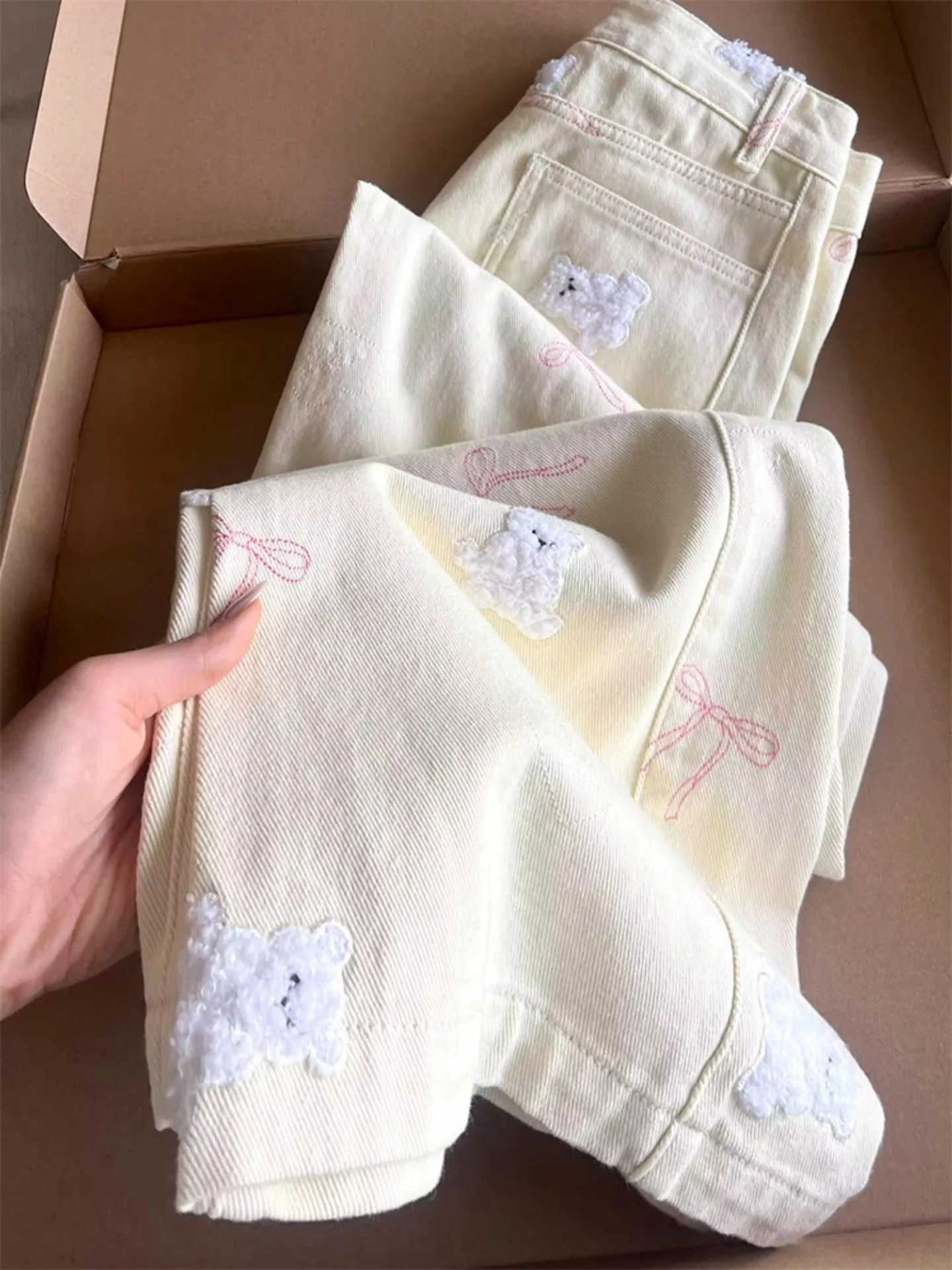 

plus Size Women's Casual Embroidered Loose Wide Leg Jeans Bear Pattern High Waist Denim Fabric All Seasons Fashion College Style