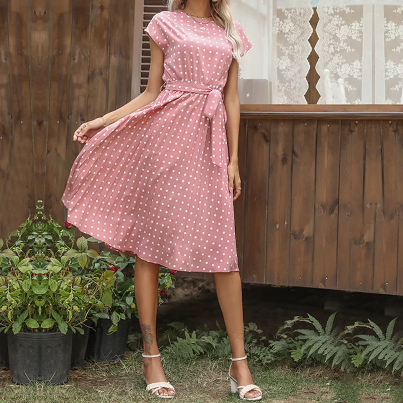 Elegant Boho Women's Beach Short Sleeve Dress Sexy Polka Dot Print Sundress Floral High Waist Pleat Casual Midi Dresses Vestidos