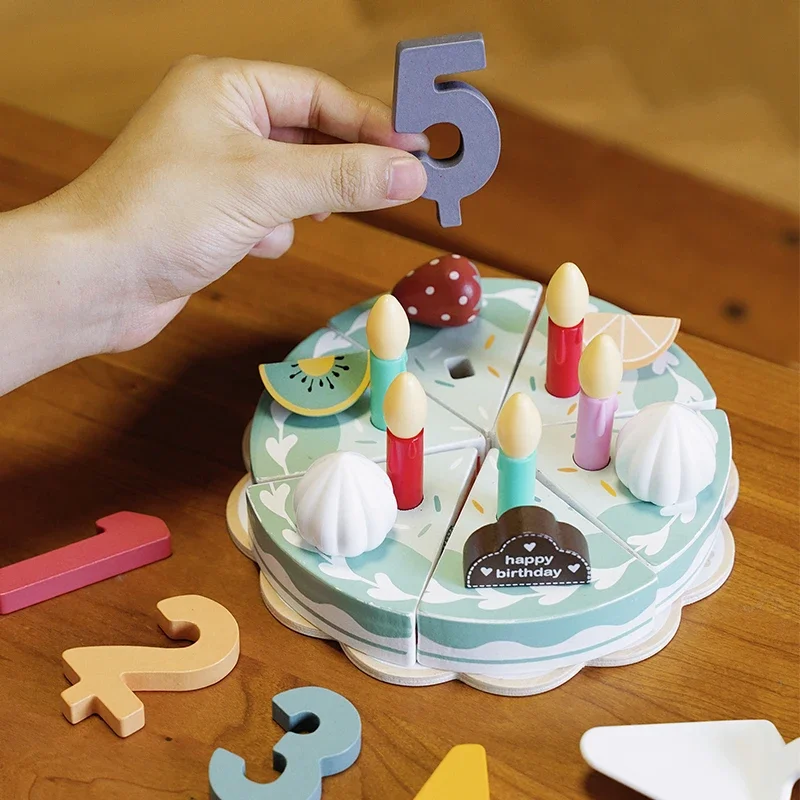 Wooden Kids Gifts Fashion Pretend Play Cutting Simulation Cream Strawberry Birthday Cake Toys With Candles Early Education