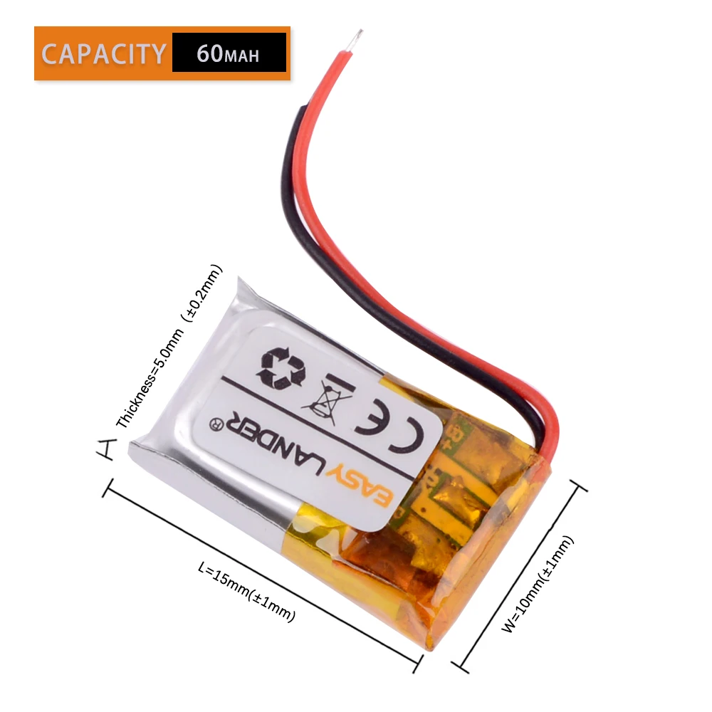 10pcs/ lot 501015 3.7V 60mAh Rechargeable Lithium Li-ion Li Polymer Battery Lipo Batteries For MP4  Earphone Video Pen GPS