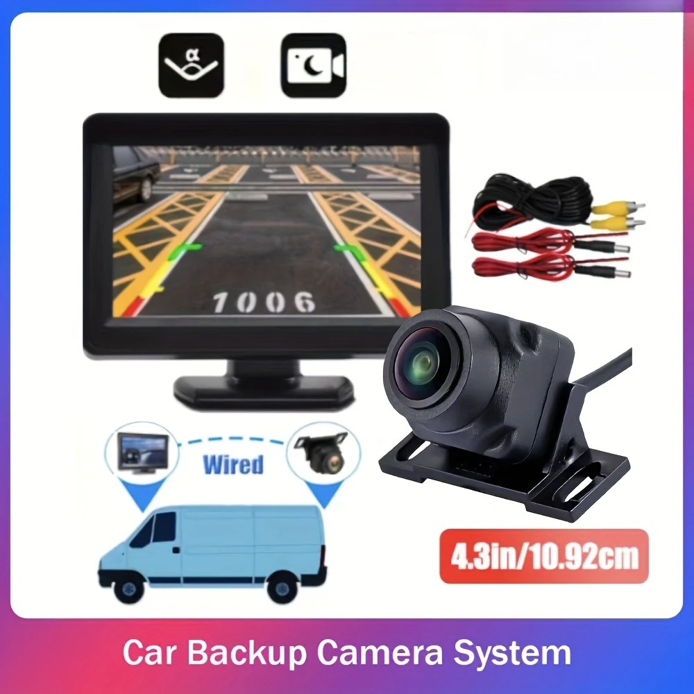 10.92cm LCD Car Backup Camera System with 480P HD Night Vision - Wide Angle, Rear Parking Monitor for Sedans, Trucks, SUVs