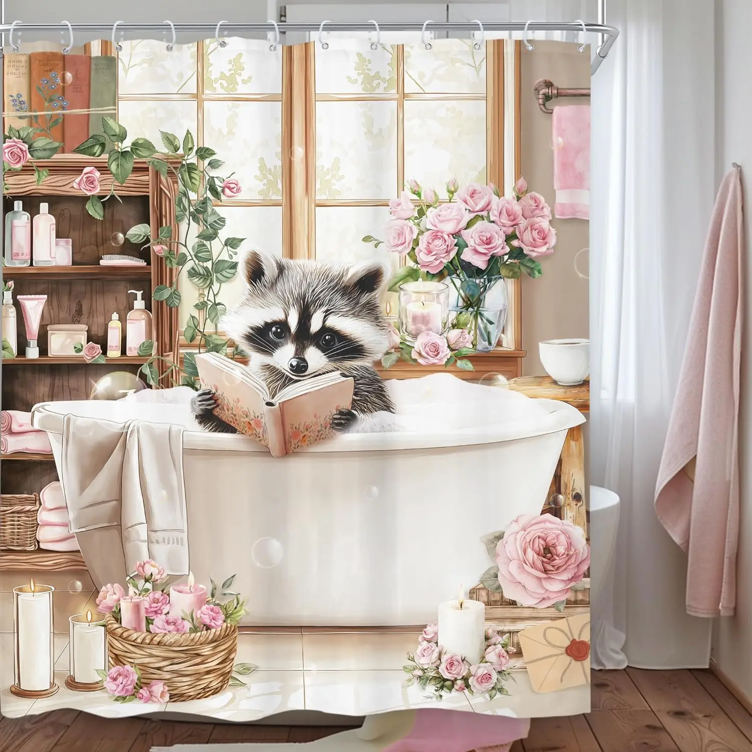 

Забавная занавеска для душа с изображением енота 60Wx72H дюймов, детская милая занавеска с цветочным рисунком животных, винтажная занавеска для душа в ванне для девочек, фермерский дом, милая ванная комната