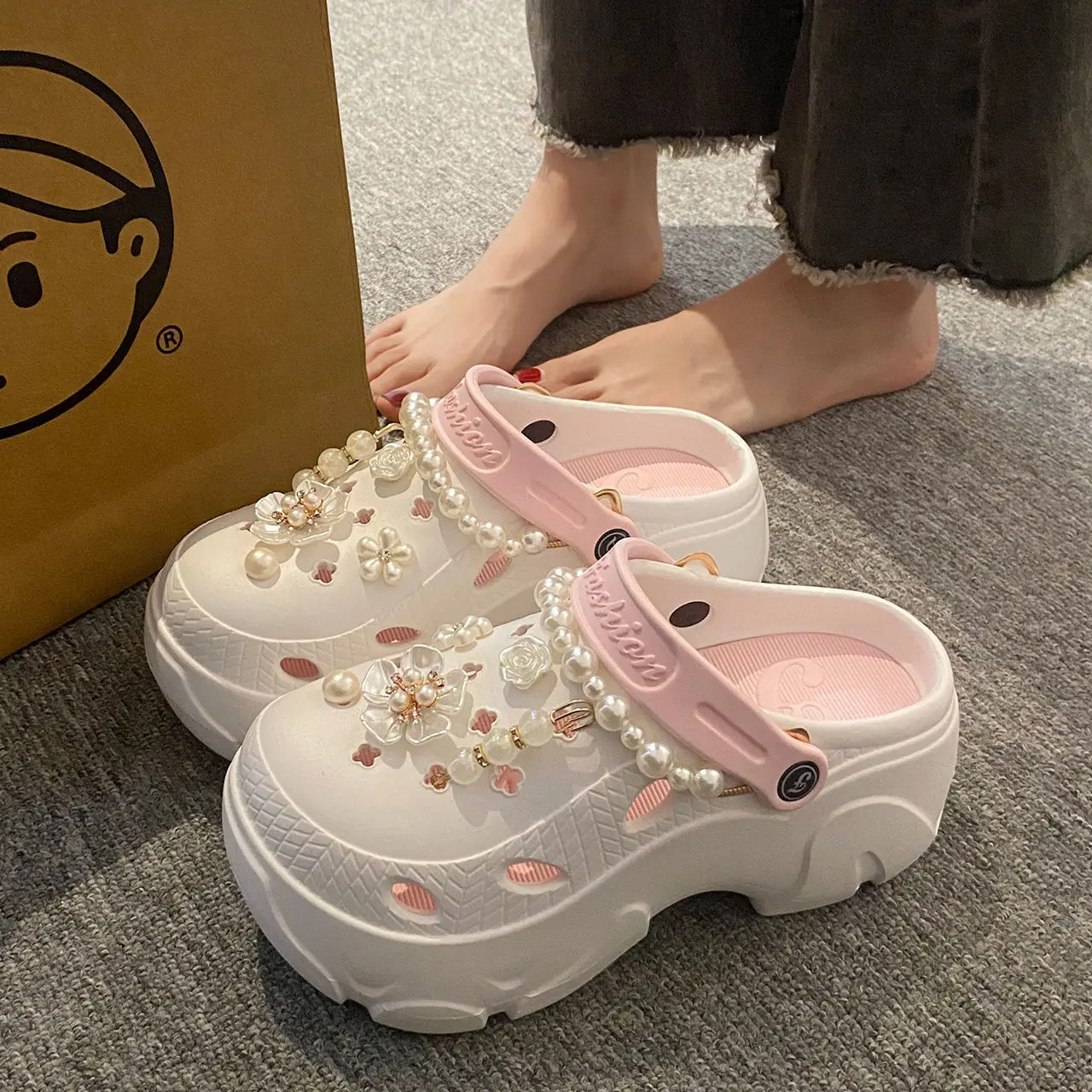 Pearl Chain Chunky Platform Sandals for Women 2024 Summer Thick Sole Beach Slippers Female Flowers Soft EVA Clogs Garden Shoes