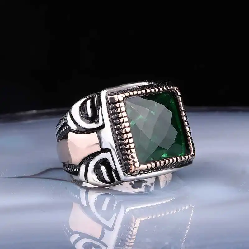 ​Silver Square Faceted Green Stone Men's Ring - 925 Sterling Men's Jewelry Wedding Birthday Gift - Box - Stone - For Man - Fashion - Botiva - Size - Turkish - Patterned Embroidery