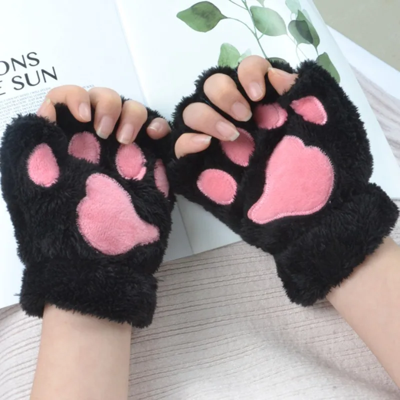 Cat Claw Paw Gloves Women Plush Half Finger Gloves Warm Soft Velvet Short Fingerless Fluffy Bear Cat Gloves Cartoon Cute Costume