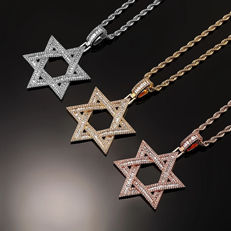 Hip Hop 5A+ CZ Stone Paved Bling Ice Out Rotatable Jew Star of David Hexagram Pendants Necklaces for Men Rapper Jewelry