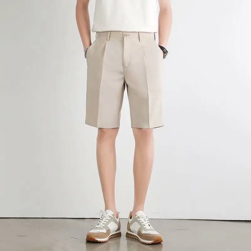 2024 New Summer Fashion Minimalist Solid Color Casual Loose Button Pocket Breathable and Versatile Thin Suit Capris for Men