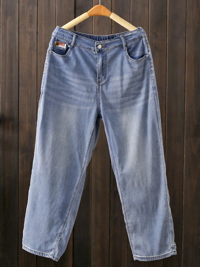 Summer Thin Size Large 200 Pounds  Denim High Waist Slimming Casual Loose Nine Points Harlan Pants Women's Jeans