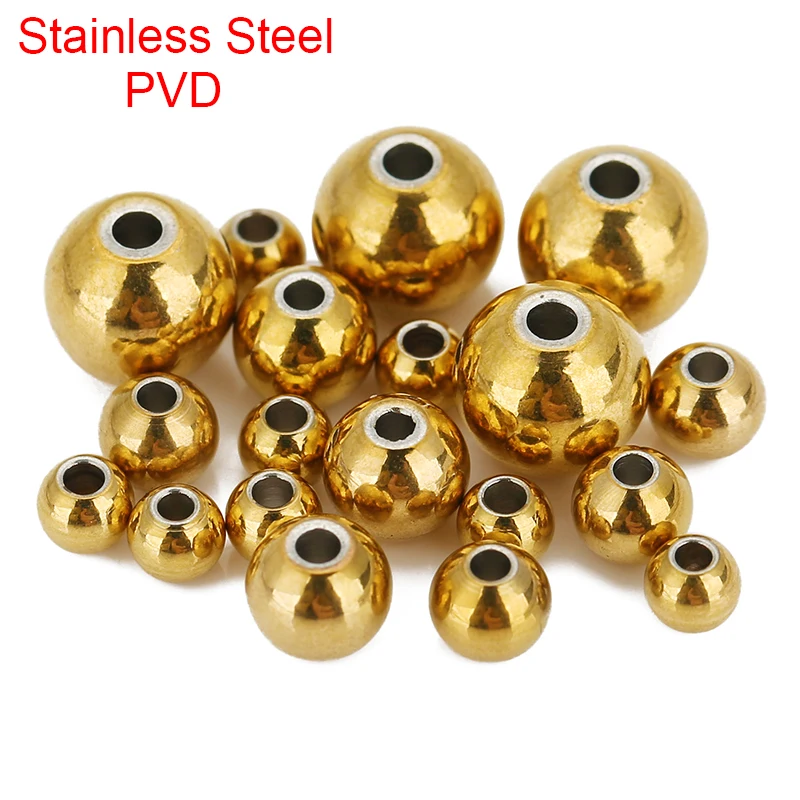 30/50pcs PVD Never Fade Stainless Steel Spacer Beads 4 5 6 8 mm Round Big Hole Beads For DIY Necklace Supplies Jewelry Making