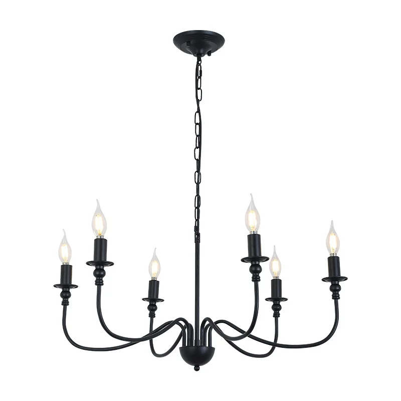 

American Black Iron Chandelier LED E14 Candle Lamp Hanging Light Fixture for Kitchen Living Dining Room Hotel Loft Bar Home