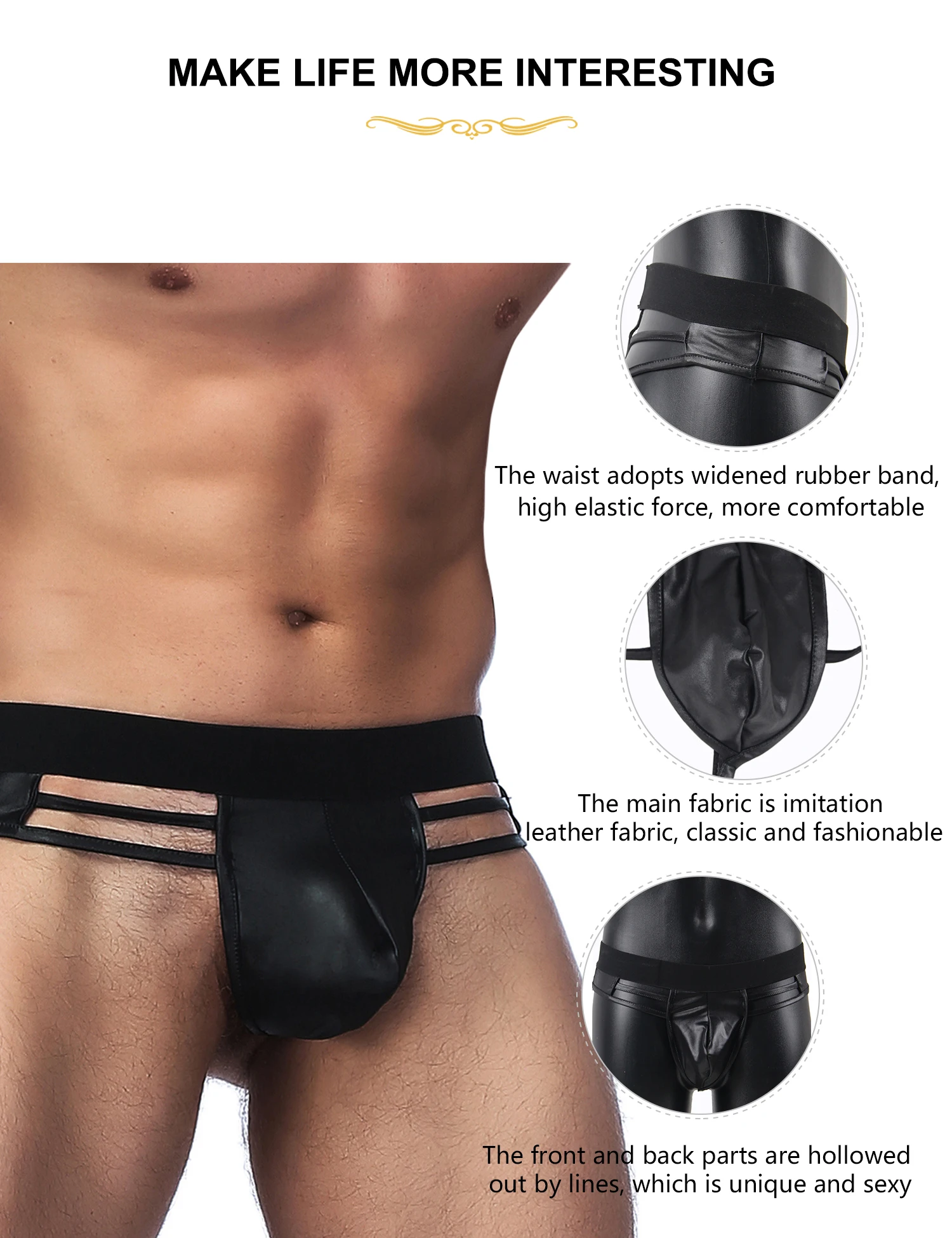 Ohyeahlady Men's Faux Leather Sexy Underwear Solid Black Low Waist Strappy Briefs Breathable High Quality Men Sexy Panties Thong