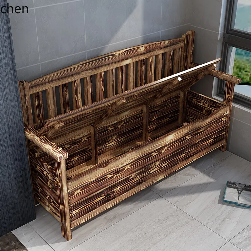 HYS solid wood furniture carbonized storage bench patio armrest back chair