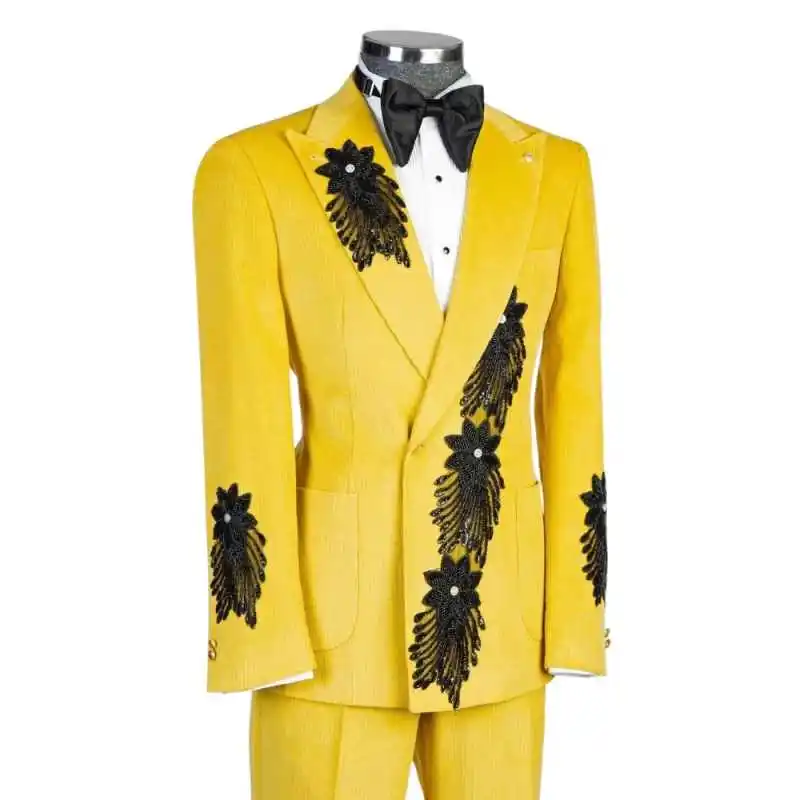 우아한 남성 정장 2피스 블레이저 바지 피크드 라펠 아플리케 신랑 결혼식 턱시도 공식 행사 연회 맞춤 제작