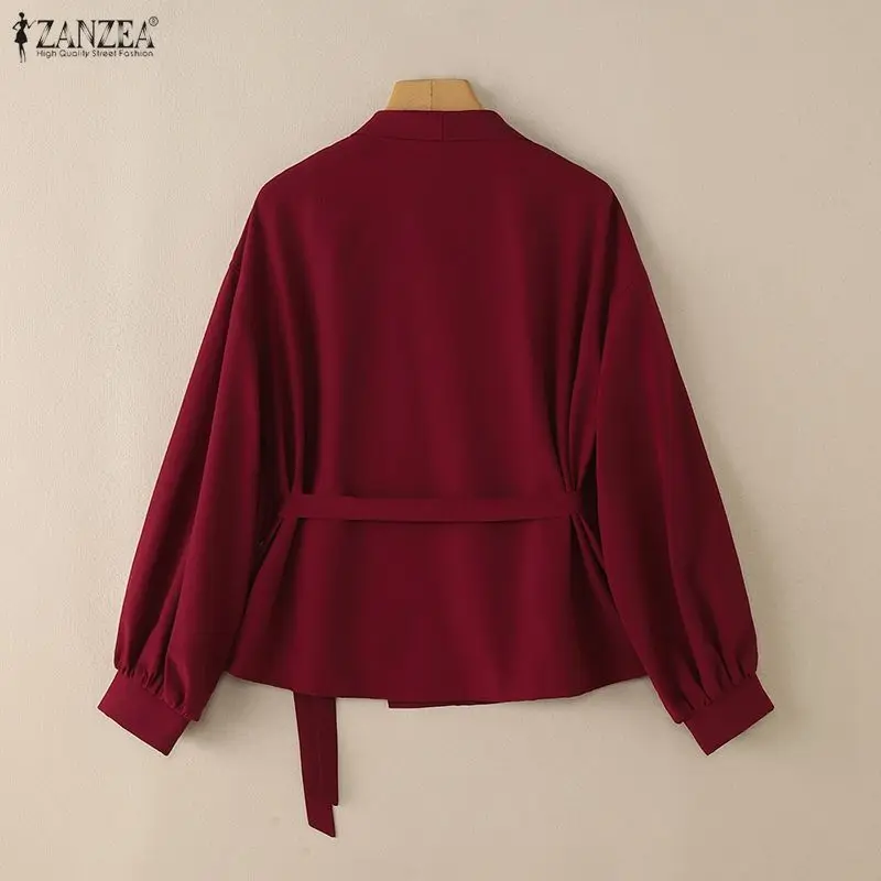 بلوزة نسائية للمكتب من ZANZEA قميص خريف وربيع 2025 أنيق بياقة على شكل V وأكمام طويلة بلوزات متينة برباط علوي بلوزات نسائية