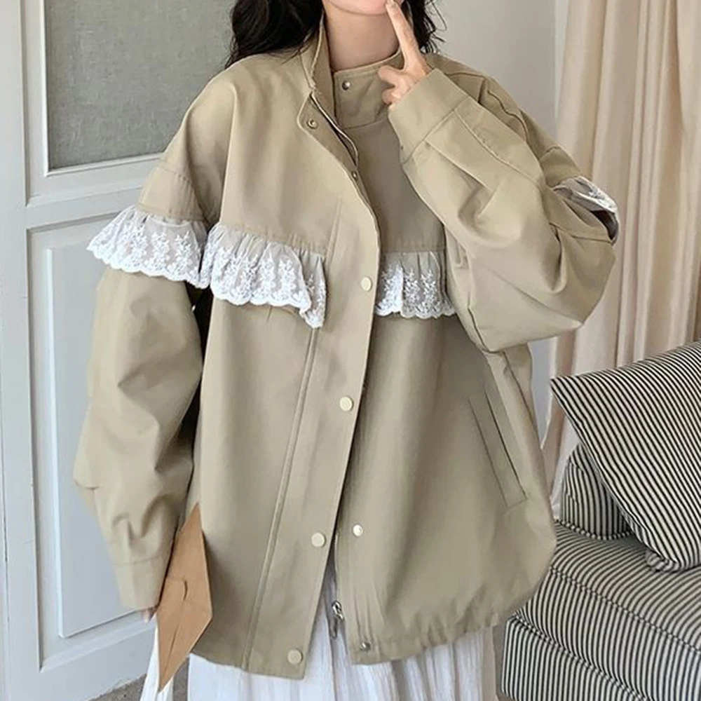 Khaki lace Korean spring coat women's 2025 new popular design small jacket top for women