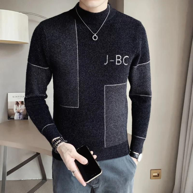 High Quality Simple Square Line Letter Sweater Men Slim Fit Semi Turtleneck Sweater Soft Warm Korean Herren Pullover Winter