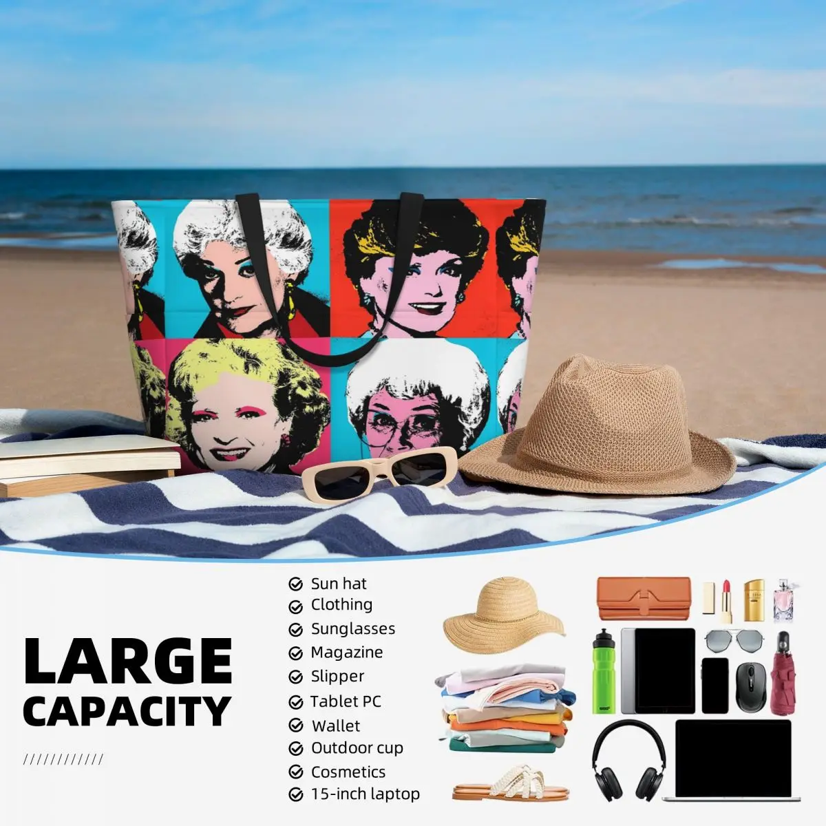 Golden Warhol Girl Beach Tote Bag Sport Gym Yoga Duffle Large Tote Bag Women Travel Bag Fitness bag