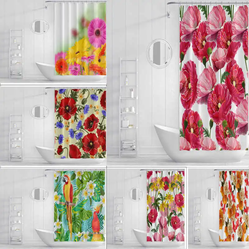 Flower Shower Curtain Water Repellent Fabric with Elegant Bathroom Decor