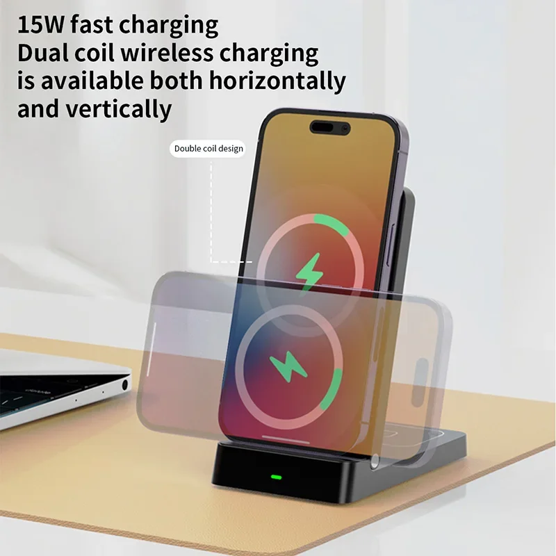 Dual-Coil 2-in-1 Faltbares Kabelloses Ladegerät Telefonhalter für iPhone 17 16 15 14 13 12 Xiaomi Airpods 2 Pro4/3 Schnellladeständer – Detail 3