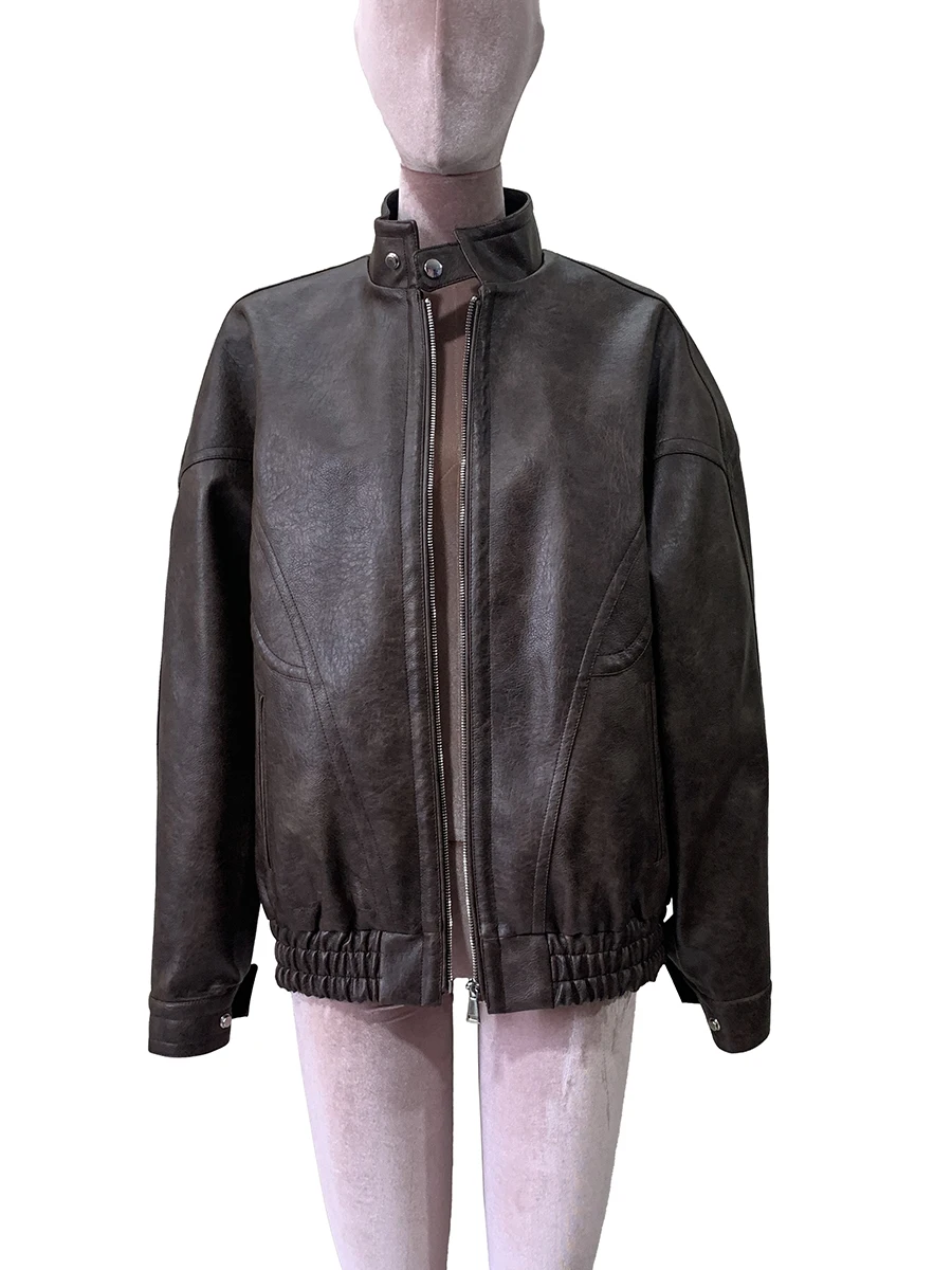 Spring Autumn Windproof Cool Handsome Distressed Brown Oversized Pu Leather Jacket Women Luxury Designer American Retro Clothes
