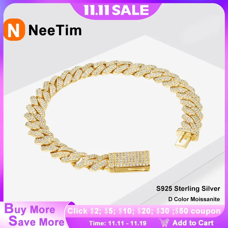 

NeeTim 14 мм полный муассанит 2 ряда кубинский браслет S925 стерлингового серебра с бриллиантами кубинские браслеты с покрытием из желтого золота