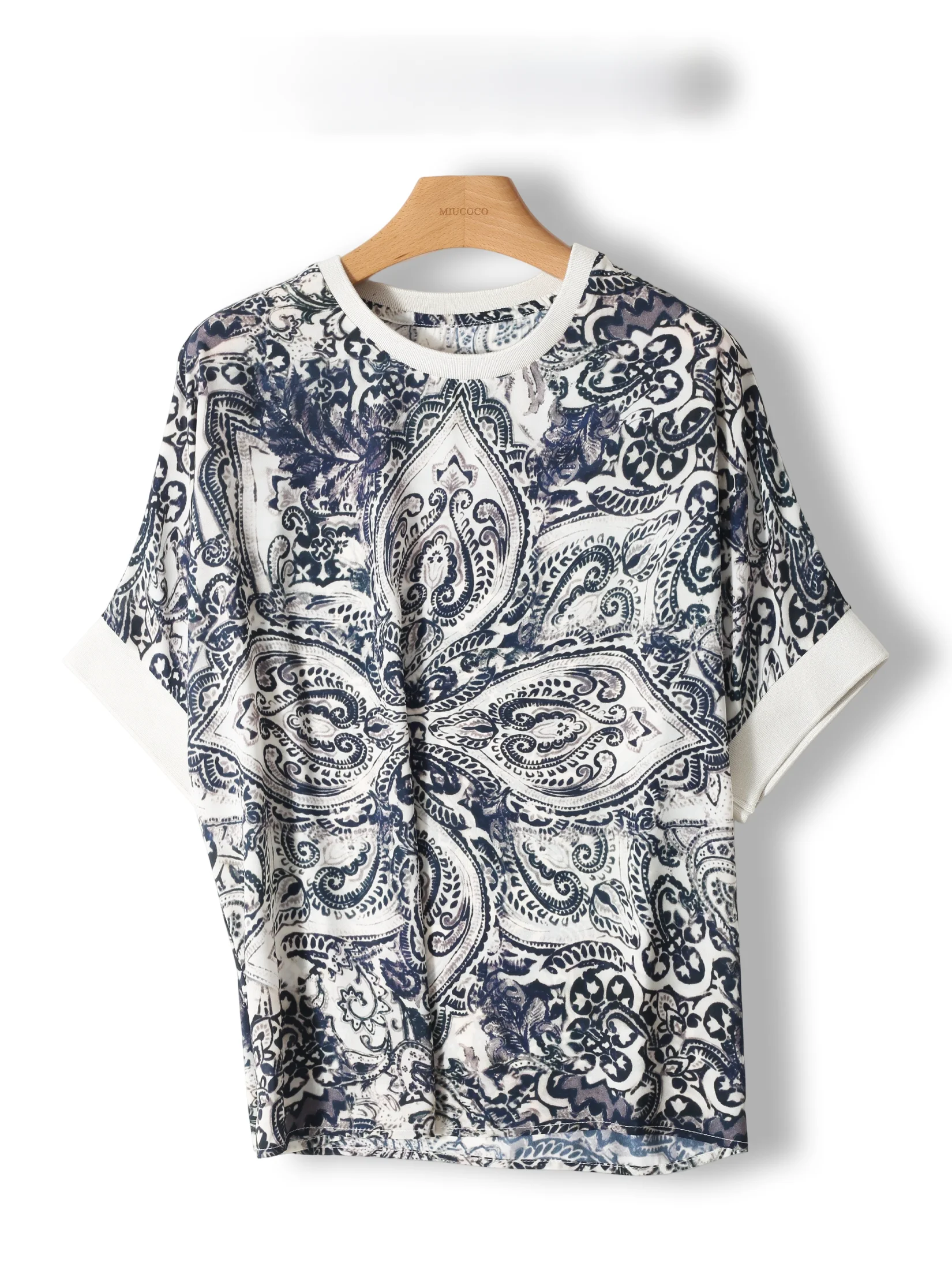 

Blue And White Porcelain Print Chiffon Short Sleeve round Neck Women's T-Shirt French Style Loose Fit Breathable Casual Top