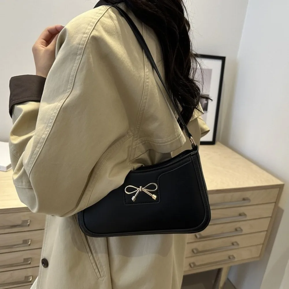 Fashion Y2k Bow Shoulder Bag PU Leather Zipper Bowknot Underarm Bag Solid Color Handbag Women Handbag Lady
