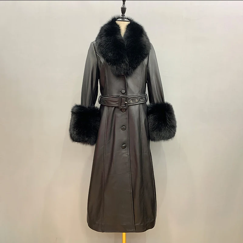 Women Leather Coat Long Windbreaker Belt Solid Genuine Leather Trench Overcoat Fur Collar Cuff Streetwear 2022 New Winter 7930A