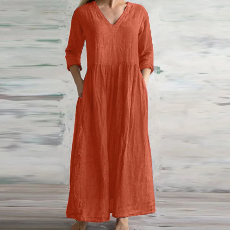 Cotton Linen Loose Long Dresses For Women 2024 Spring Autumn New Casual Half Sleeves V-neck Maxi Dress Simple Style Lady Vestido