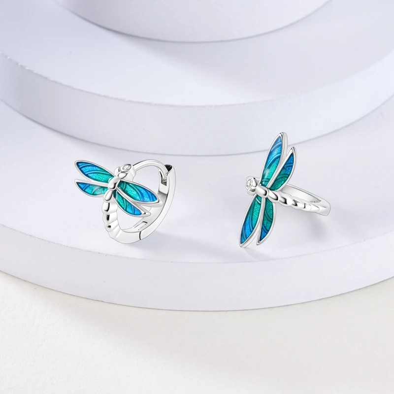 925 Sterling Silver Springtime Earrings For Women Original Butterfly Bee Dragonfly Double Hoop Earrings Birthday Party Jewelry