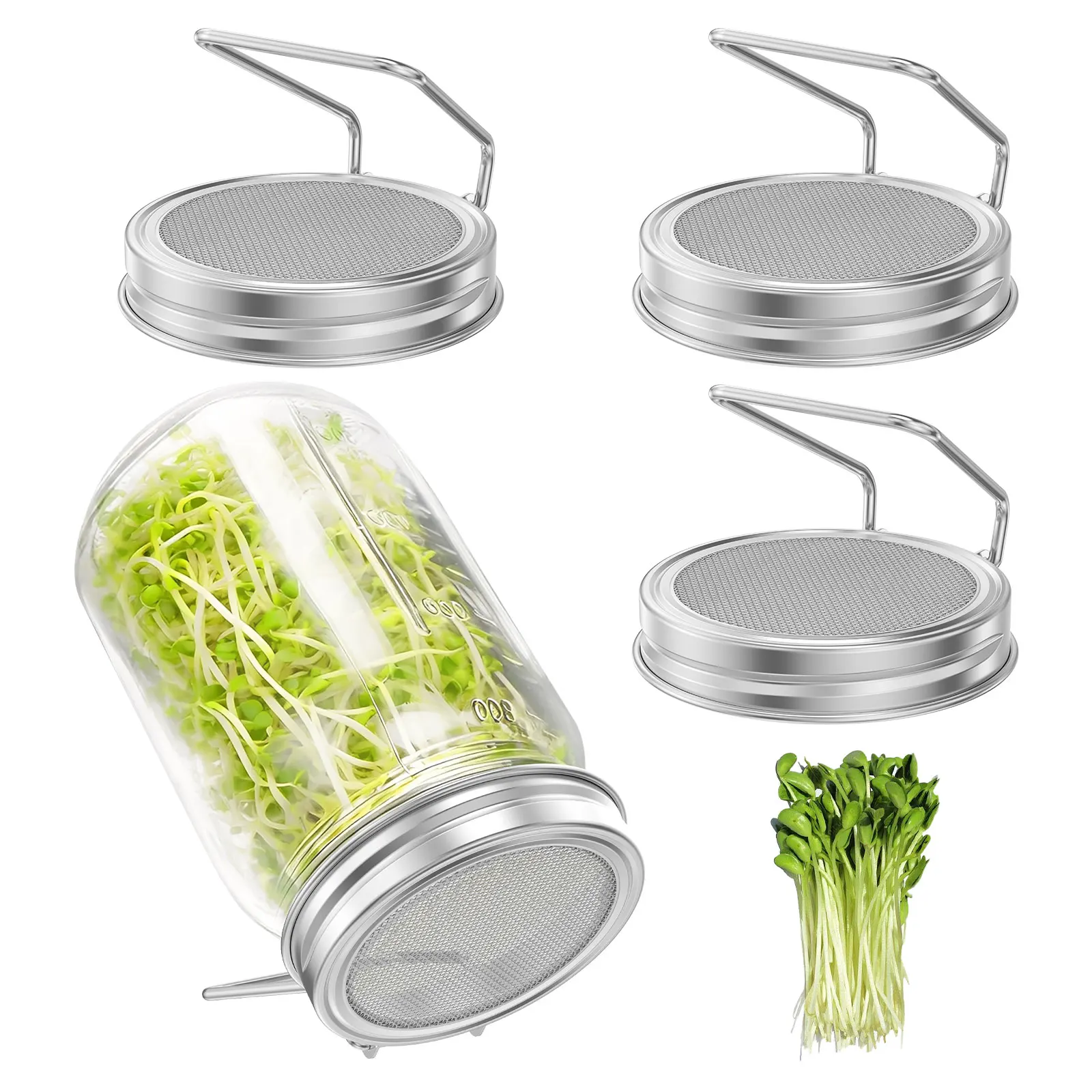 4Pcs Seed Sprouting Lids Stainless Steel Filter Mesh Cover Screen Bean Sprouts Growing Lid for Wide Mouth Germinator Canning Jar