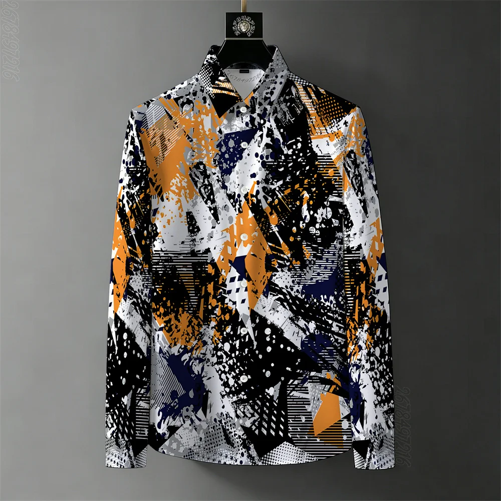 New Spring/Autumn Trendy Men's Shirt with Abstract Graffiti Print, Wrinkle-Free, Mature Style, Business Casual, Versatile