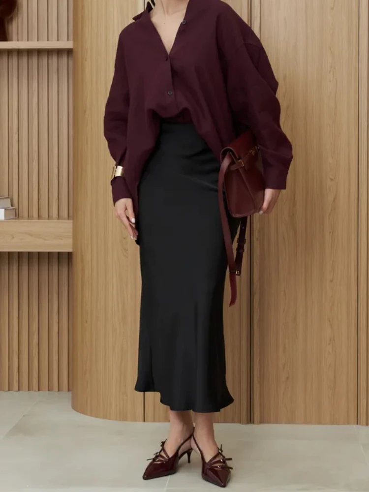 

Black Women's Skirt Fashion Temperament Elegant Long Skirt 2025 Summer New Simple Comfort Champagne Elastic High Waist Skirts