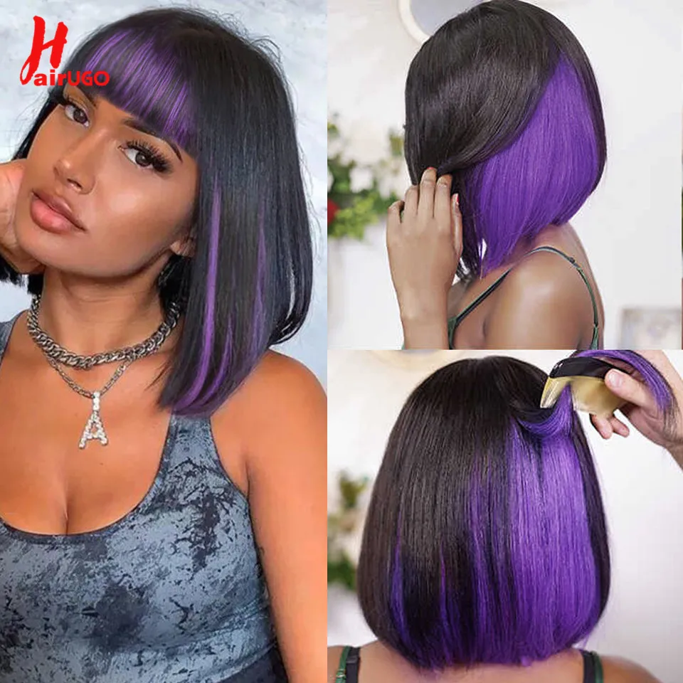 Purple Ombre Short Bob Human Hair Wigs For Women Mix Color Short Bob Wig With Bangs Mix Purple Straight Highlight Wig for Party