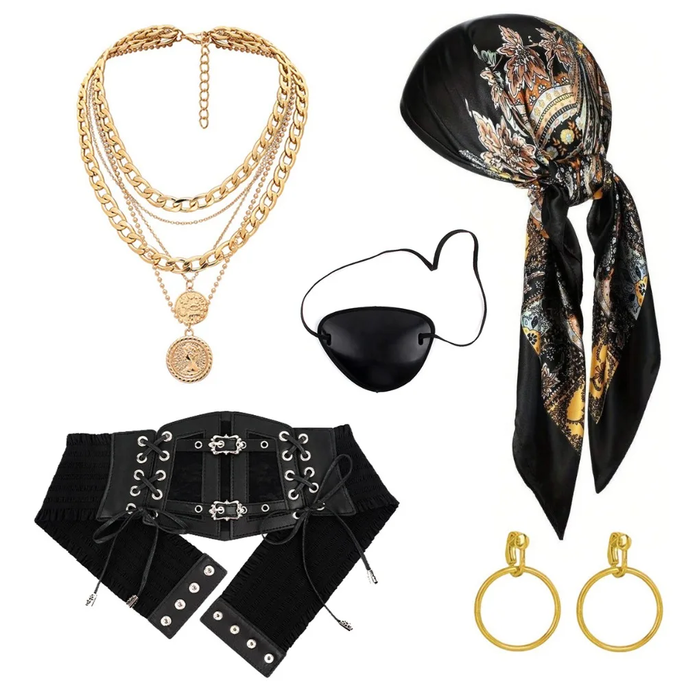 Conjunto de disfraz de pirata para mujer, cinturón, collar, pendientes, diadema y parche para ojo, traje de juego de rol de corsario para mujer, para escenario de Halloween, 5 uds.