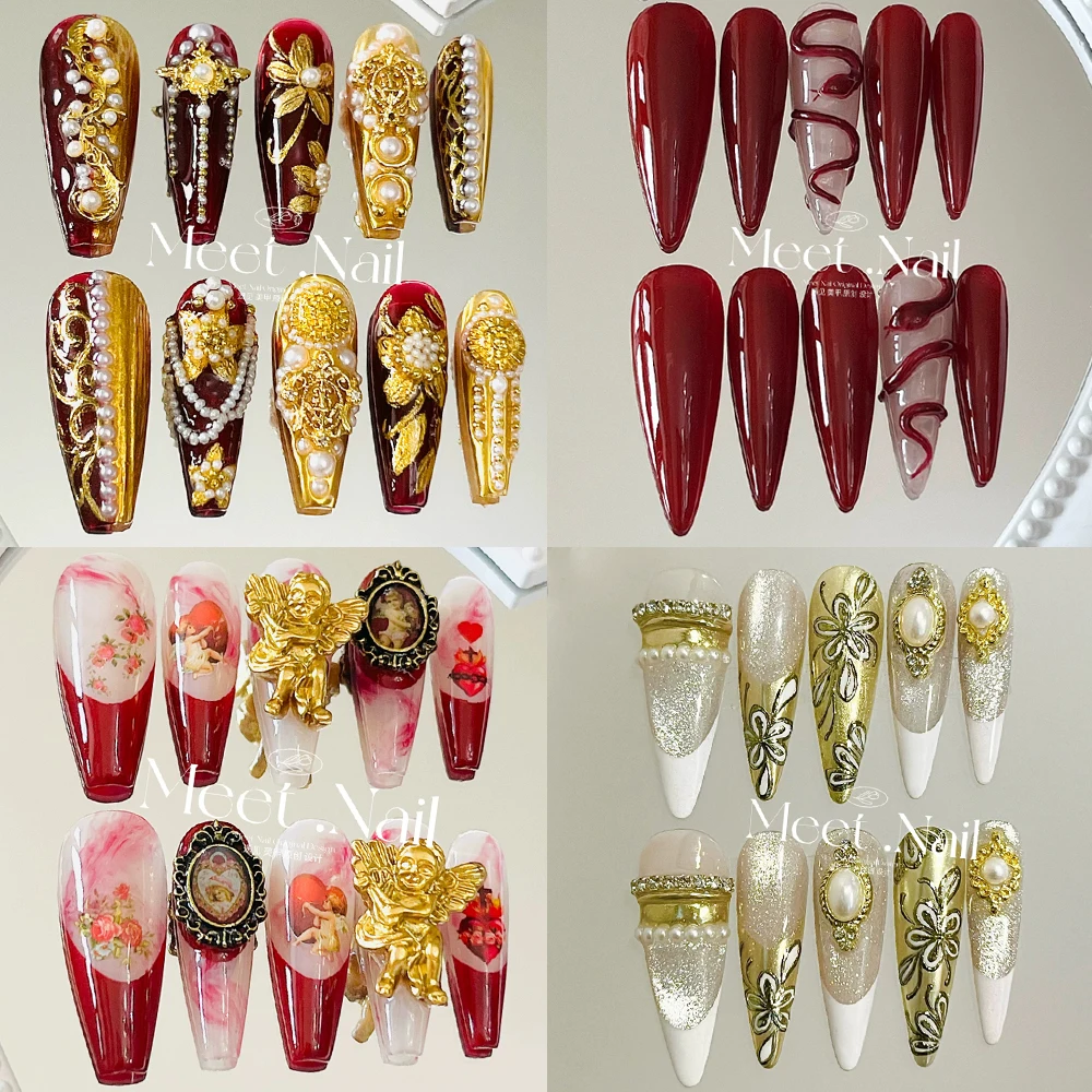 Palace Luxury Retro Golden Press On Nails Art Stiletto Long Coffin Snake Bamboo Diamond Angel Leopard Print Handwork Fake Nails