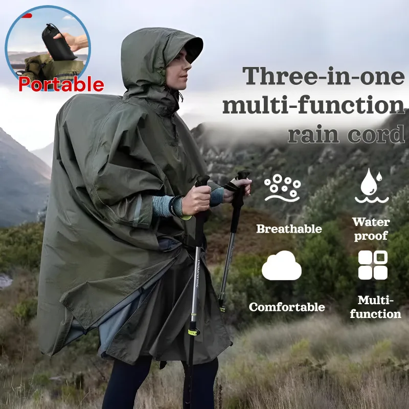 3-in-1 Multifunktionaler Umhang-Regenmantel mit Kapuze und Ärmeln, Wasserdichter Regenponcho für Radfahren, Outdoor, Wandern, Reisen, Regenkleidung, Zelt
