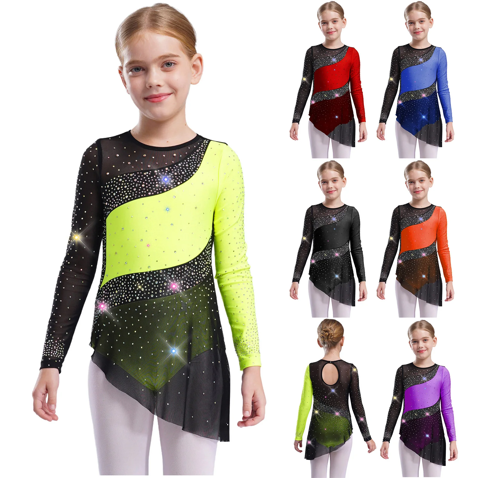 

Sparkling Rhinestones Rhythmic Gymnastics Costumes for Girls Long Sleeve Mesh Color Block Leotards for Figure Skating Acrobatics